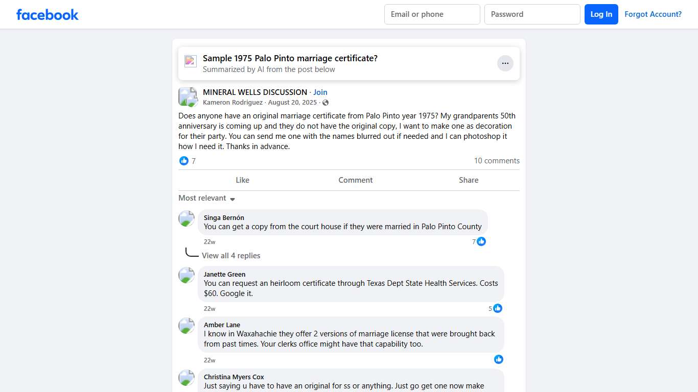 MINERAL WELLS DISCUSSION Does anyone have an original marriage certificate from Palo Pinto year 1975 Facebook